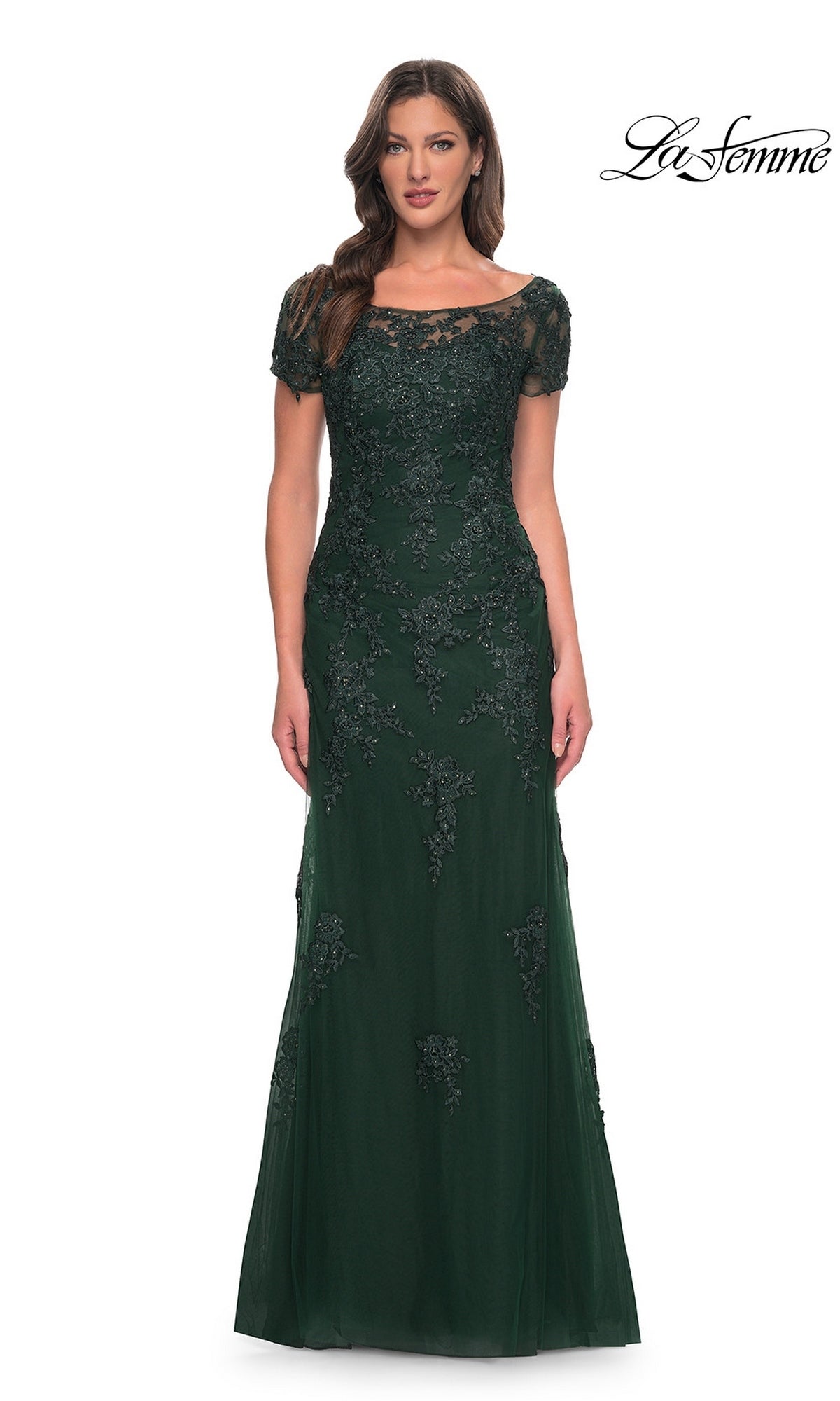 A dark emerald Long Formal Dress: La Femme 29792 featuring an embroidered bodice, short cap sleeves, and a floor-length lace skirt.